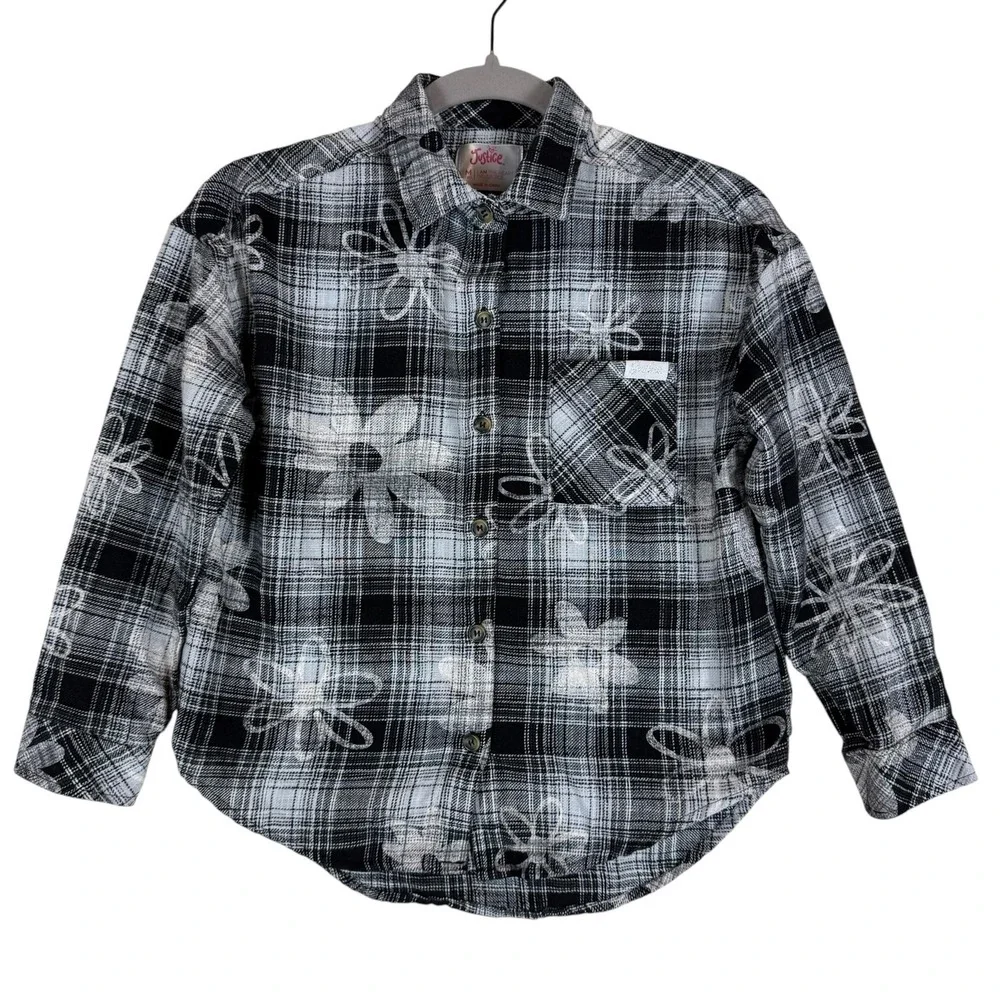 Justice Shirt Girls 10 Black Floral Plaid Flannel Button Up Long Sleeve Top